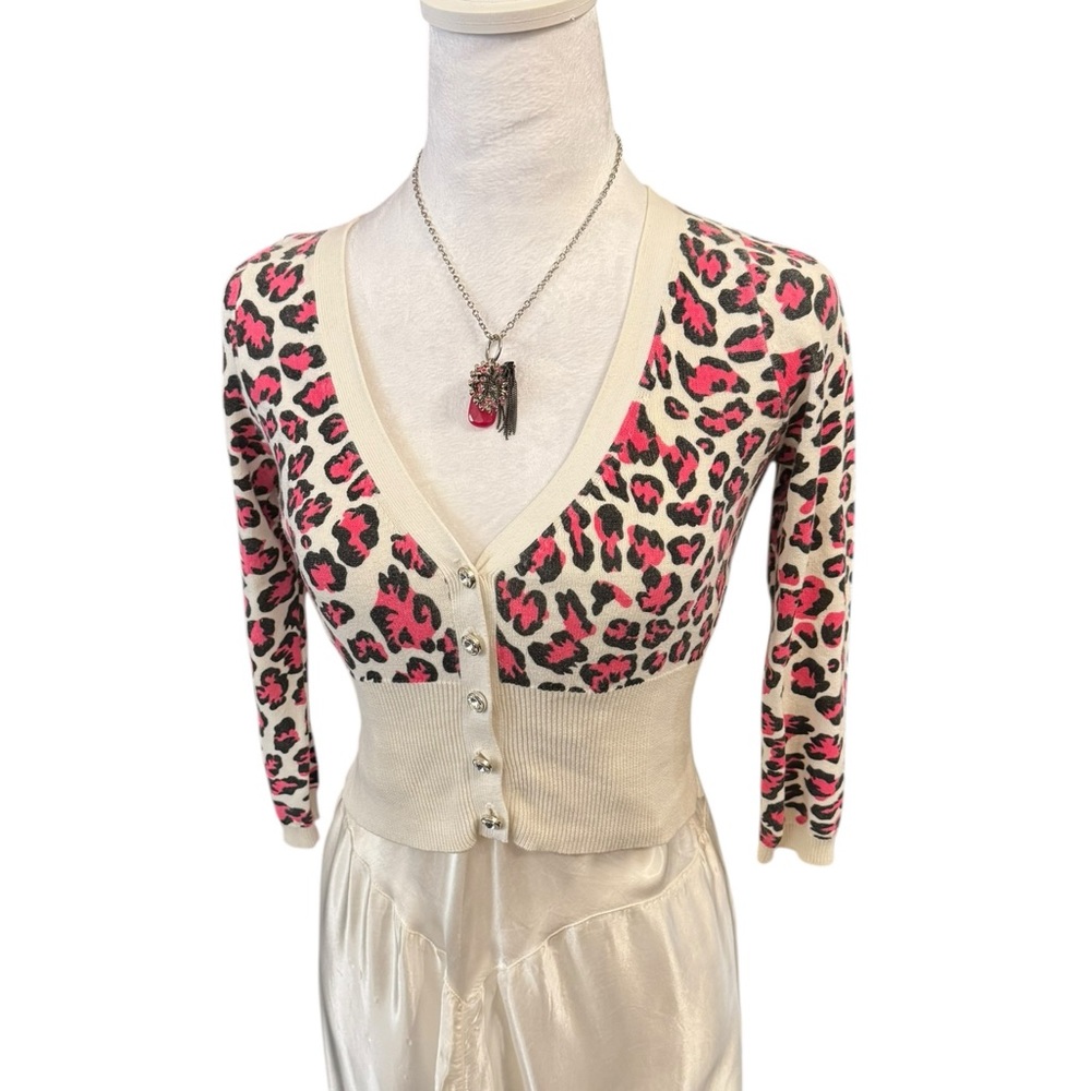 Betsey Johnson Leopard Pink Cropped Cardigan Y2K Size S